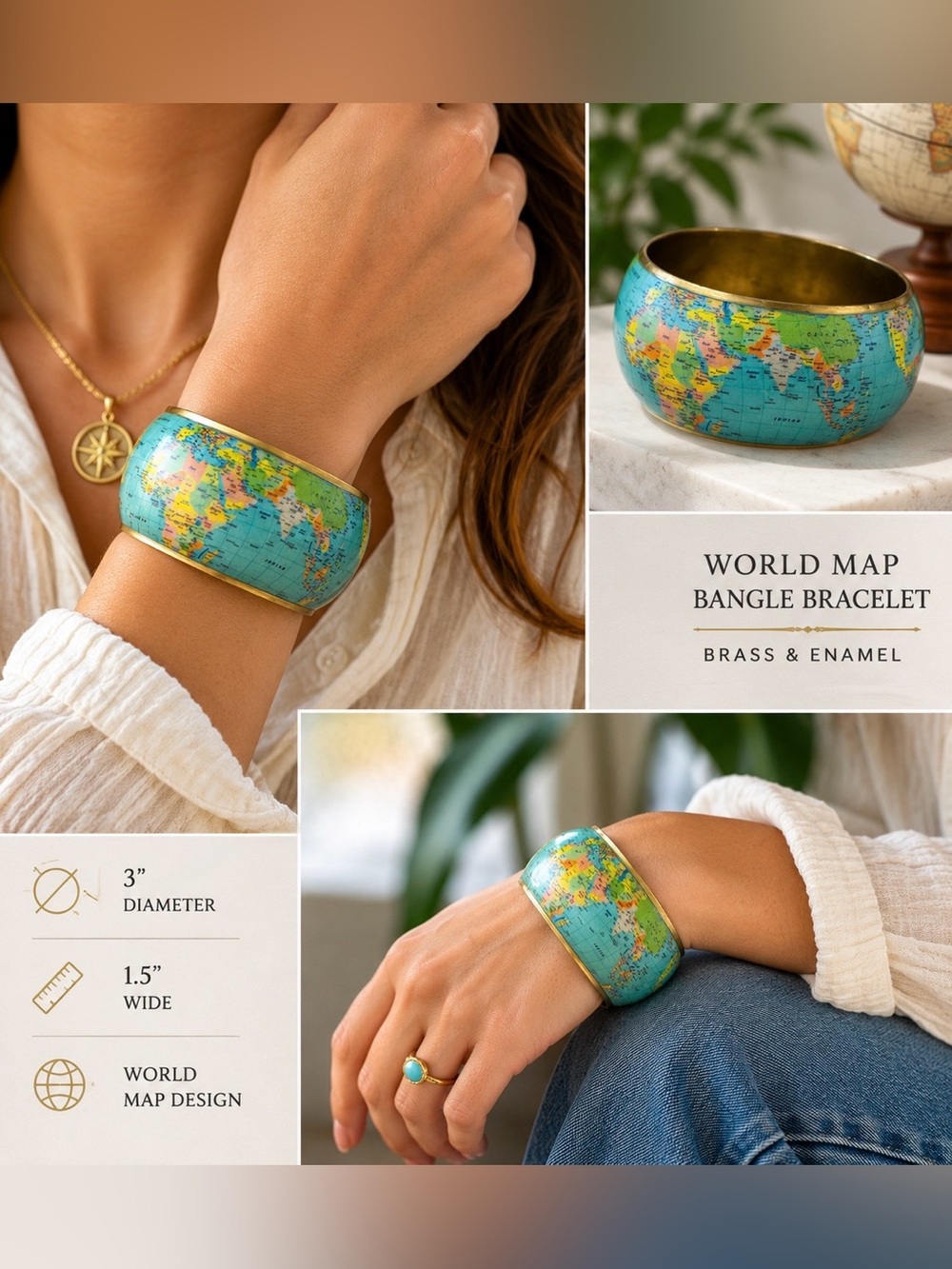 World Globe Map Bracelet Wide Curved Brass Bangle Vintage 1980-1990's